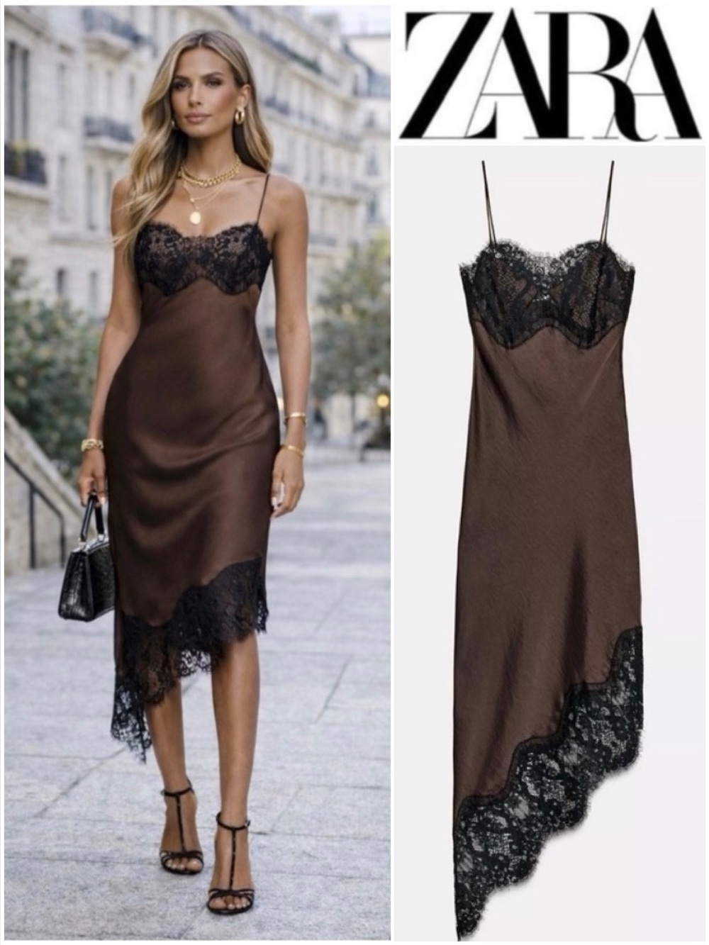 ASYMMETRIC SATIN LACE DRESS ZW COLLECTION - SLIP DRESS